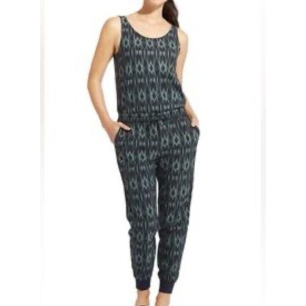 Athleta Ikat Sleeveless Jumpsuit Athletic Athleisure Jogger Navy Print Sz 12 - Picture 3 of 12